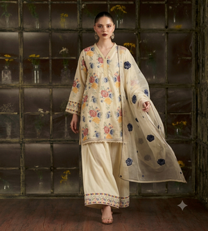 A woman models a traditional cream-colored three-piece ethnic suit with colorful floral embroidery, matching wide-leg pants, and a sheer embroidered dupatta, set against a rustic dark glass block wall.