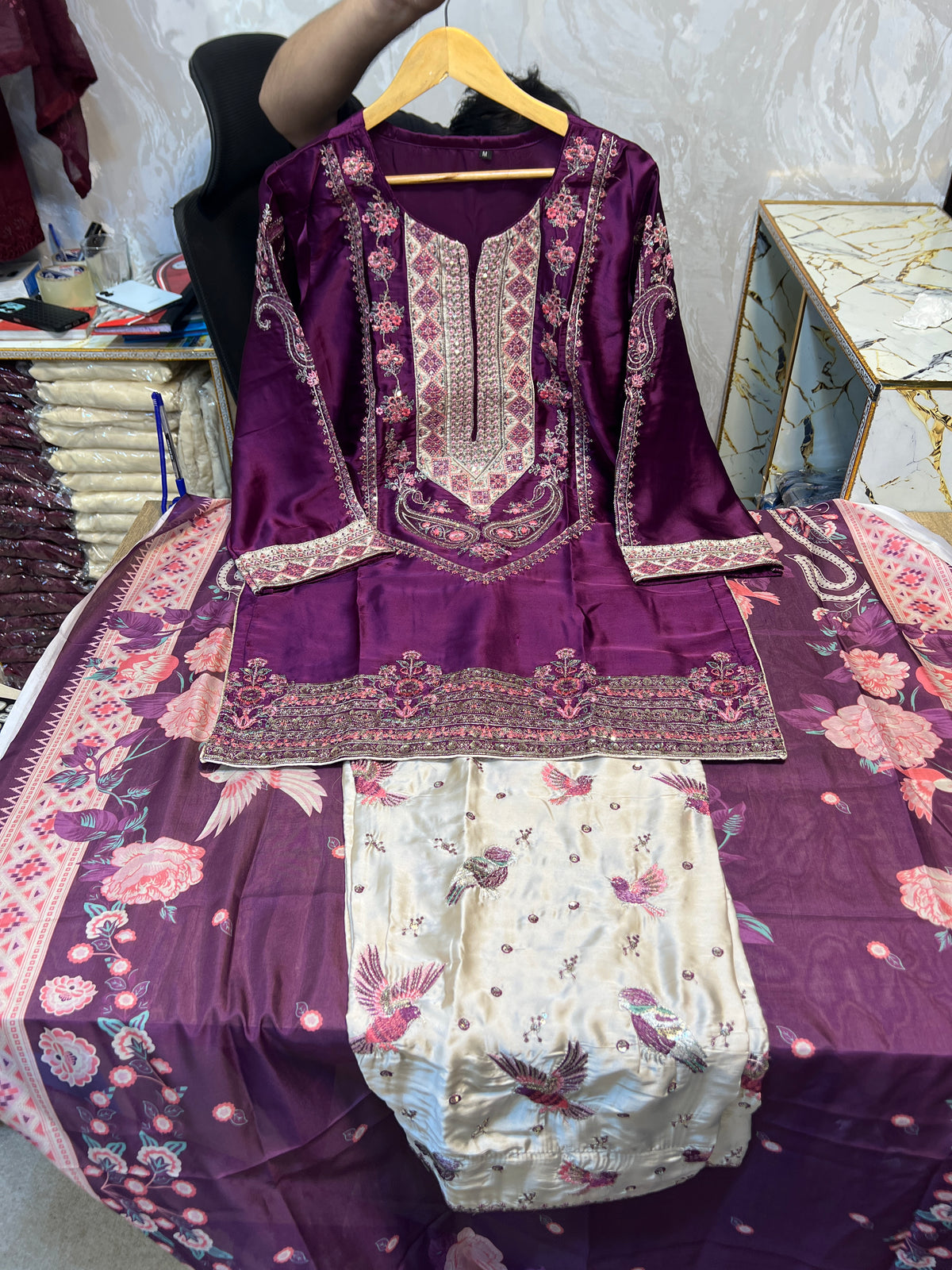 ETHNC KURTA WITH FARSHI SHALWAR 3PC Magenta