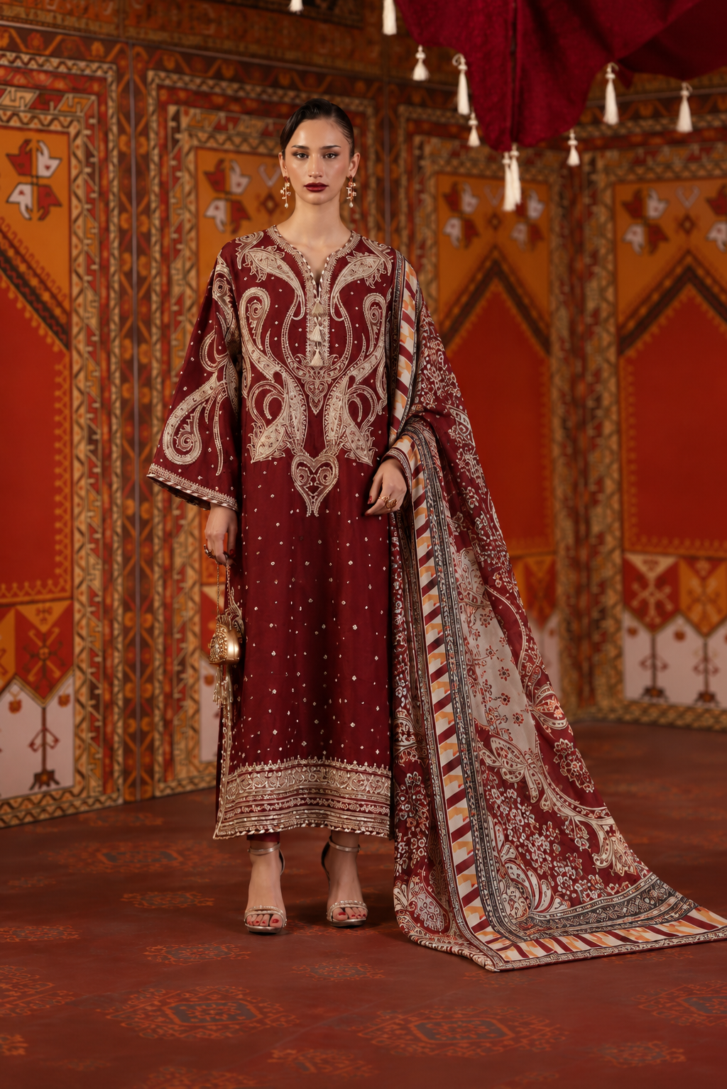 ETHNC SILK KAFTAN 3PC BURGUNDY