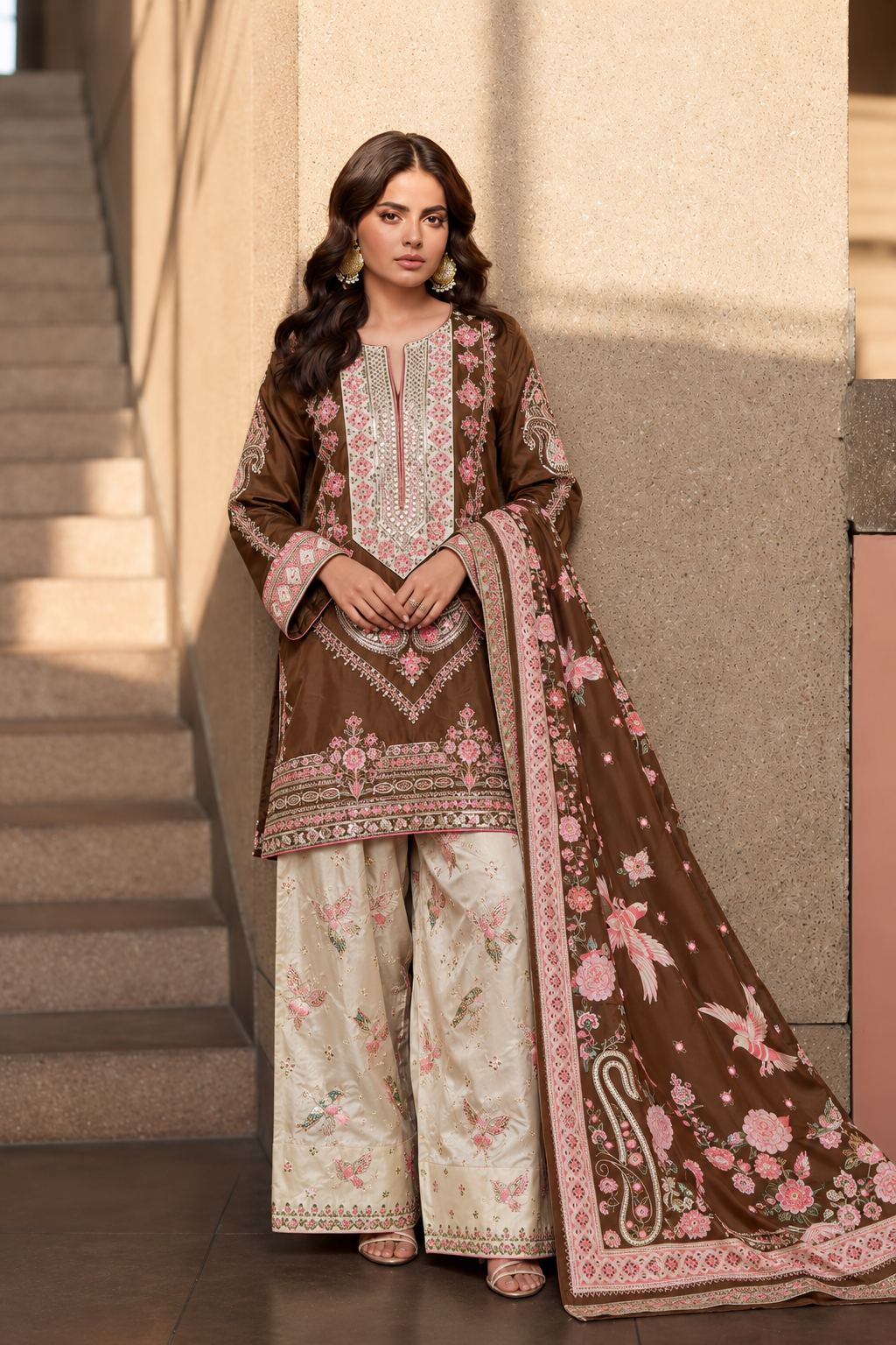 ETHNC KURTA WITH FARSHI SHALWAR 3PC Brown