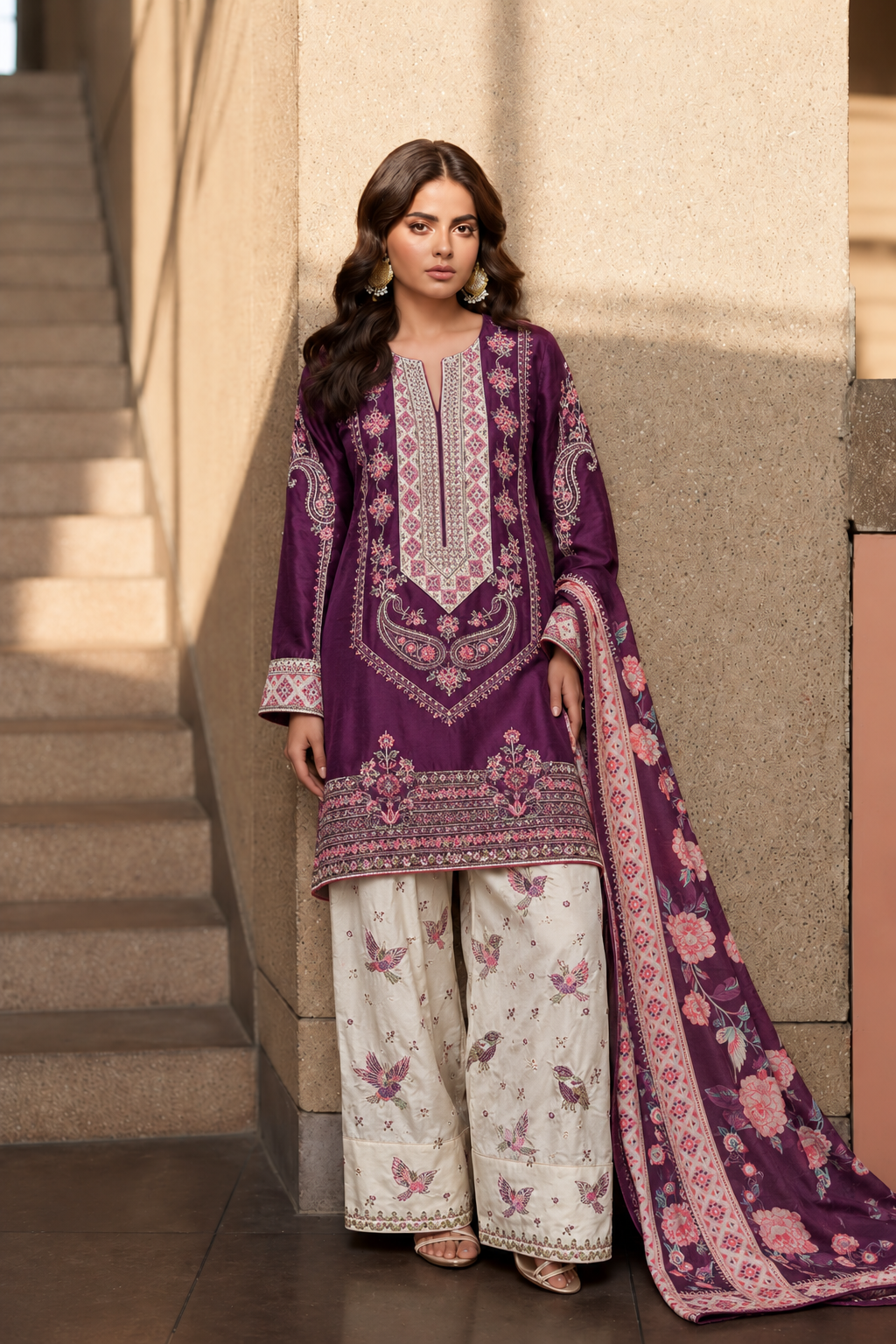 ETHNC KURTA WITH FARSHI SHALWAR 3PC Magenta