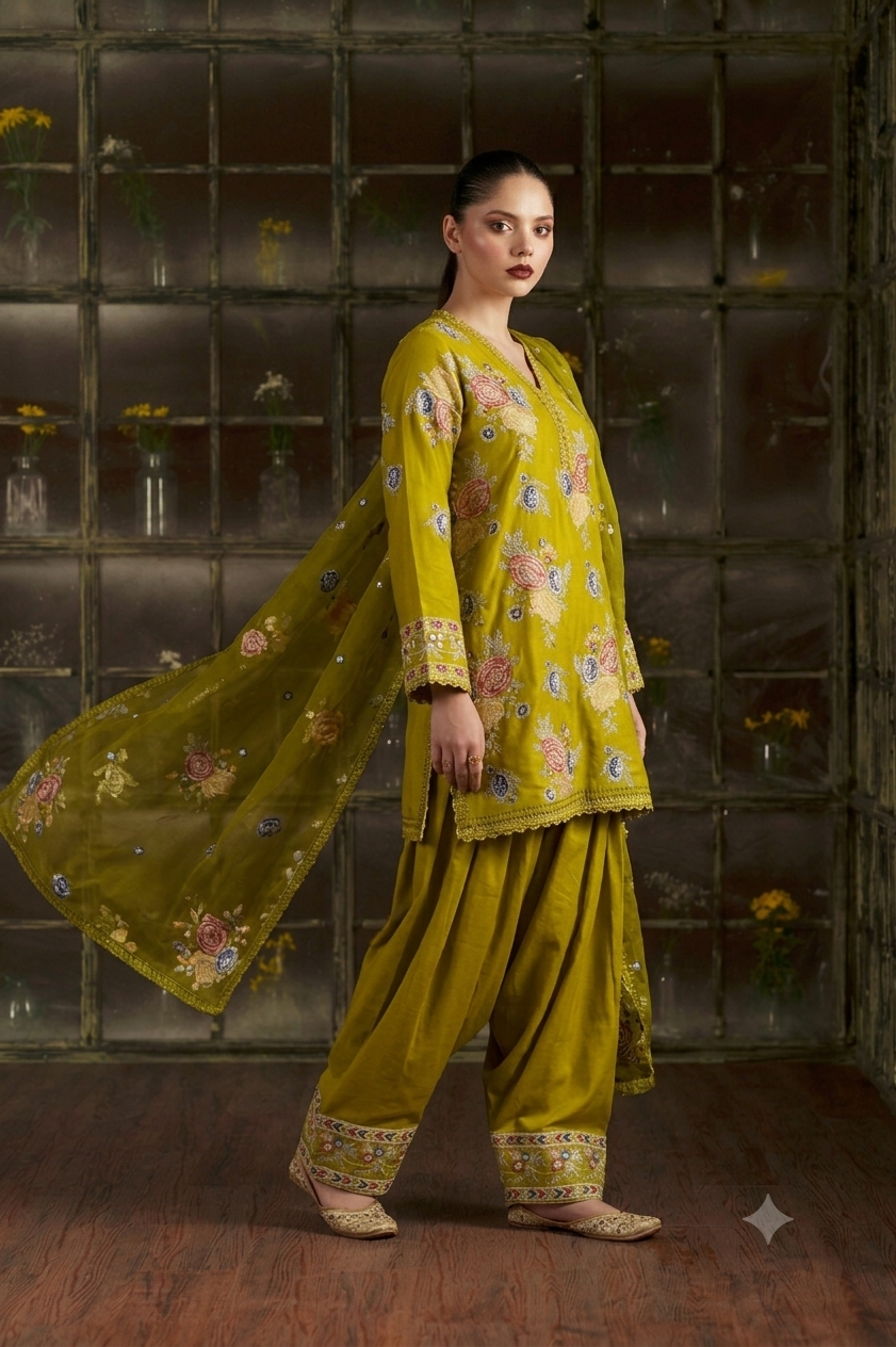 3pc golden stitched Farshi Shalwar with short shirt