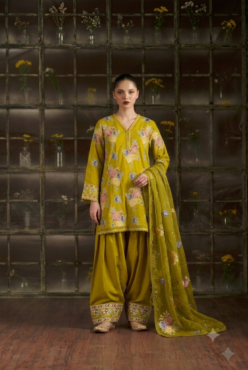 3pc golden stitched Farshi Shalwar with short shirt