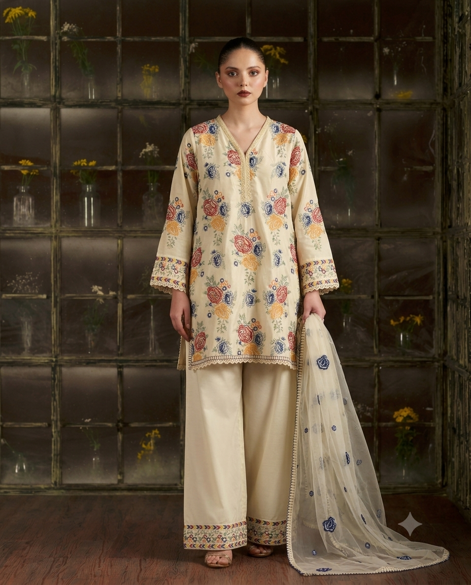 3pc Off white stitched Farshi Shalwar with short shirt