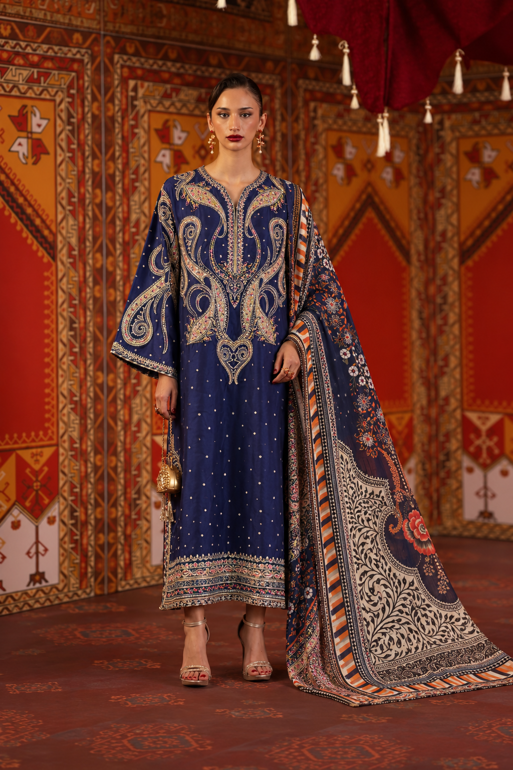 ETHNC SILK KAFTAN 3PC RICH NAVY STICHED